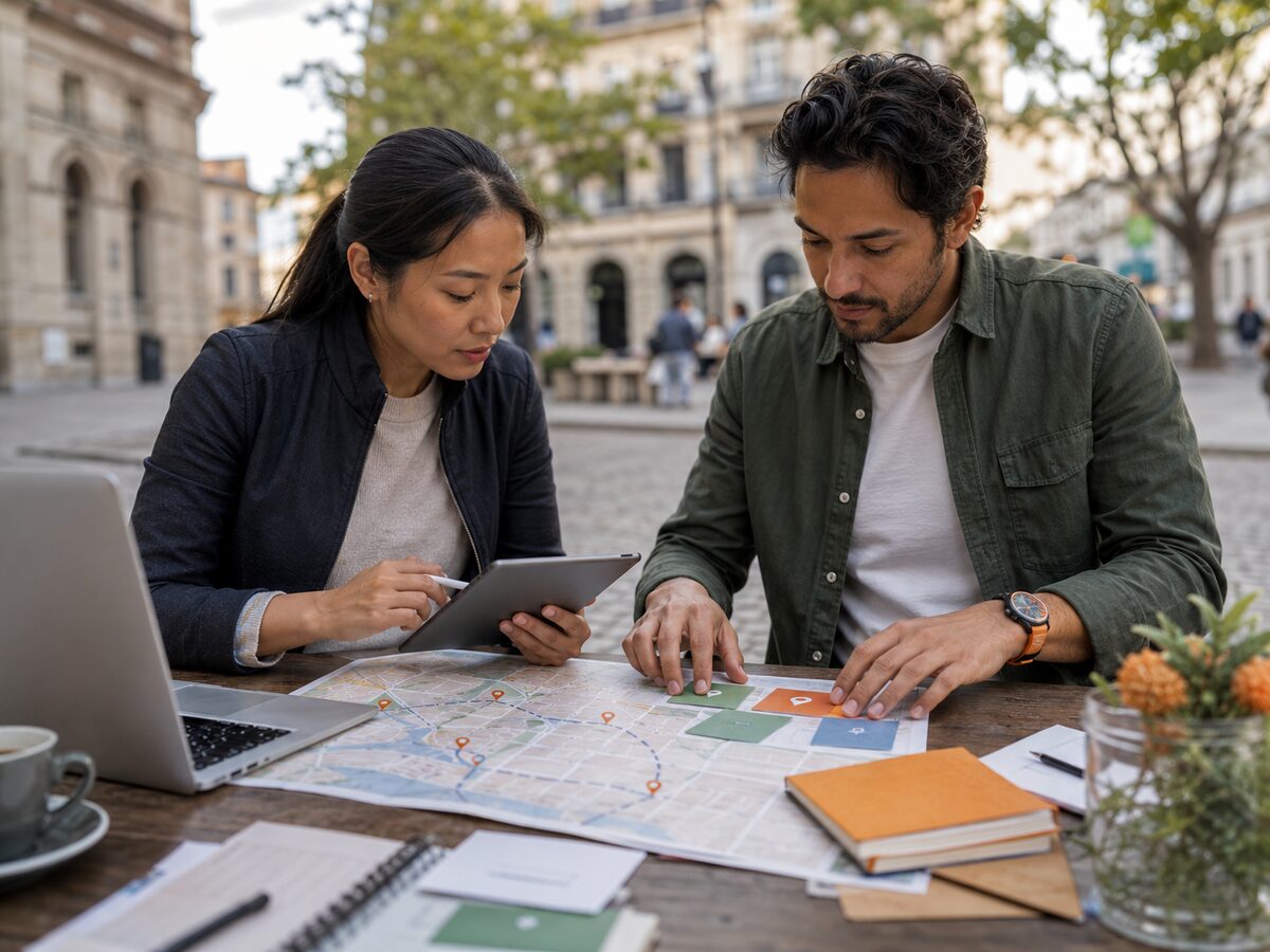 Teambuilding-Profis planen gemeinsam eine Abenteuerroute und Checkpoints