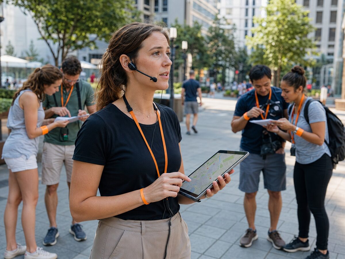 Eventleiterin koordiniert mit einem Tablet ein Live-Teambuilding im Freien