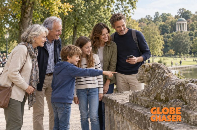 Kinder, Eltern und Großeltern entdecken gemeinsam eine Steinfigur im Park.