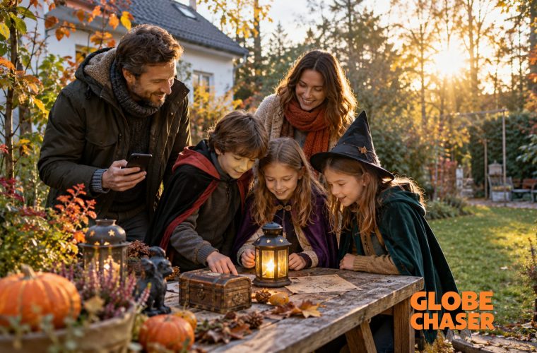 Kinder und Erwachsene betrachten eine Laterne bei einer freundlichen Halloween-Schatzsuche.