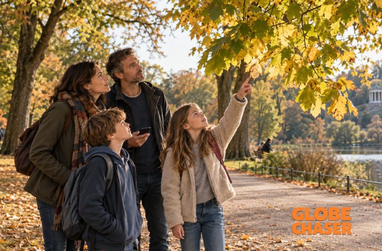 Eine Familie betrachtet herbstlich gefärbte Blätter an einem Baum im Park.