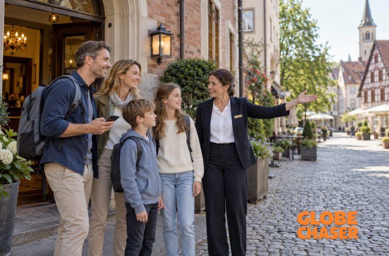 Eine Gastgeberin erklärt einer Familie vor dem Hotel den Weg für ihren Ausflug.