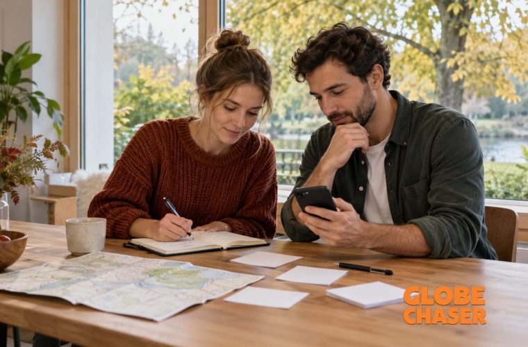 Zwei Erwachsene planen mit Notizbuch, Karten und Smartphone eigene Schnitzeljagd-Aufgaben.