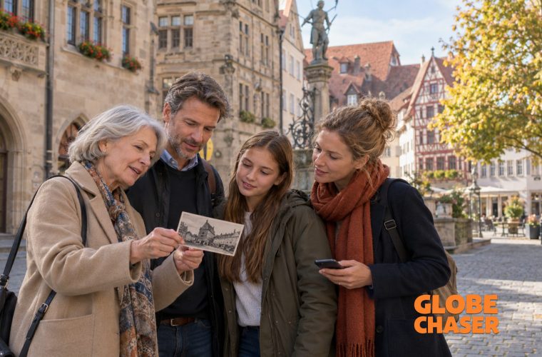 Eine Familie betrachtet eine alte Stadtansicht auf einem Platz mit historischen Gebäuden.