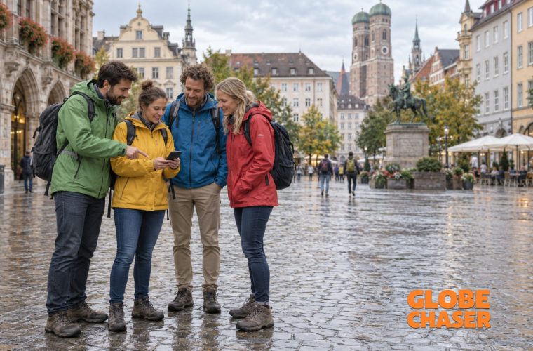 Vier Kollegen besprechen auf einem regennassen Stadtplatz ihre Route.